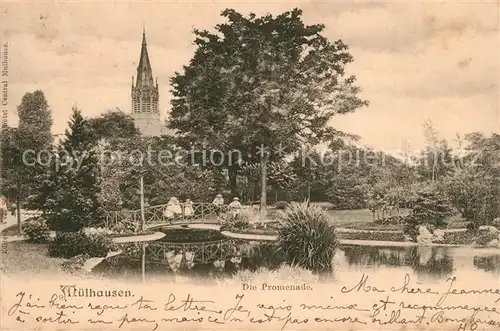 AK / Ansichtskarte Muelhausen_Elsass Promenade Teich Kirchturm Muelhausen Elsass