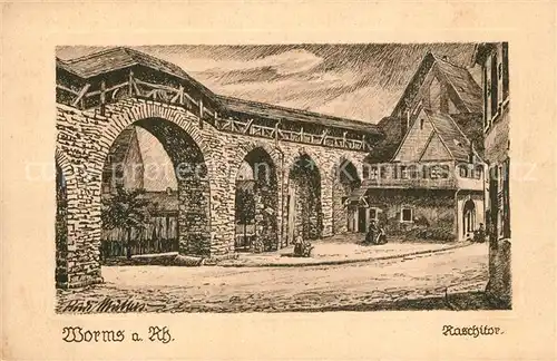 AK / Ansichtskarte Worms_Rhein Raschitor Original Federzeichnung von Rudi Muellers Kuenstlerkarte Worms Rhein