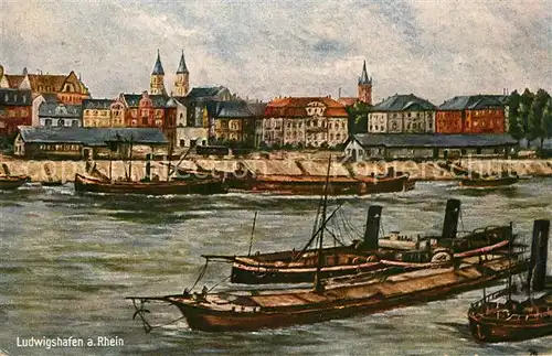 AK / Ansichtskarte Ludwigshafen_Rhein Blick ueber den Rhein Dampfer Kuenstlerkarte Ludwigshafen Rhein