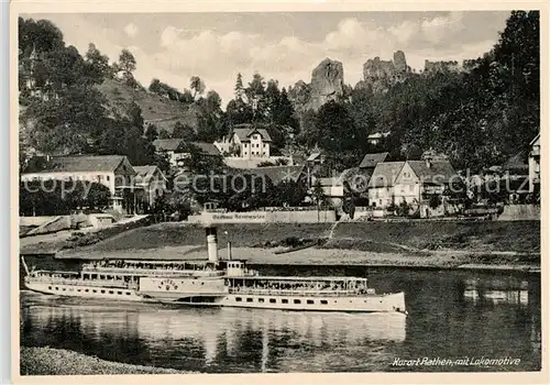 AK / Ansichtskarte Rathen_Saechsische Schweiz Elbe Dampfer Blick zur Lokomotive Felsformationen Elbsandsteingebirge Rathen Saechsische Schweiz