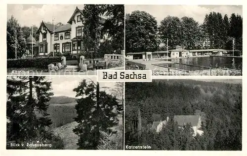 AK / Ansichtskarte Bad_Sachsa_Harz Rathaus Schwimmbad Katzenstein Ravensberg Bad_Sachsa_Harz