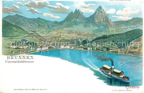 AK / Ansichtskarte Brunnen_Vierwaldstaettersee_SZ Panorama Dampfschiff Brunnen_Vierwaldstaettersee