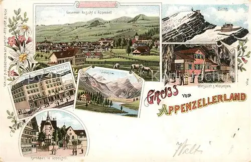 AK / Ansichtskarte Appenzell_IR Panorama Saentis Wirtschaft zum Wildkirchlein Seealpsee Rathhaus Hotel Knecht Appenzell IR