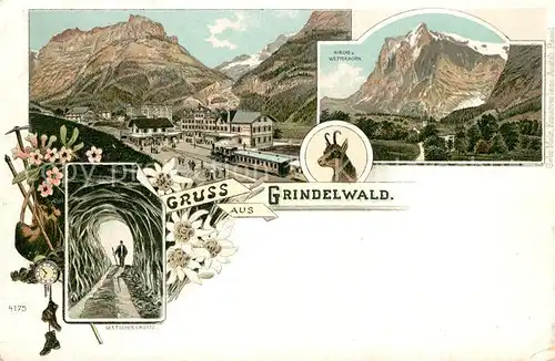 AK / Ansichtskarte Grindelwald Bahnhof Kirche Wetterhorn Gletscher Grotte Grindelwald