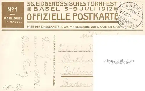 AK / Ansichtskarte Basel_BS Plakat 56stes Eidgenoess Turnfest Basel 1912 Basel_BS