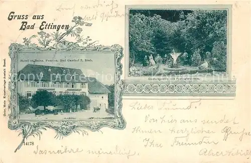 AK / Ansichtskarte Ettingen_BL Gasthof zum Stab Gartenpartie mit Springbrunnen Ettingen BL