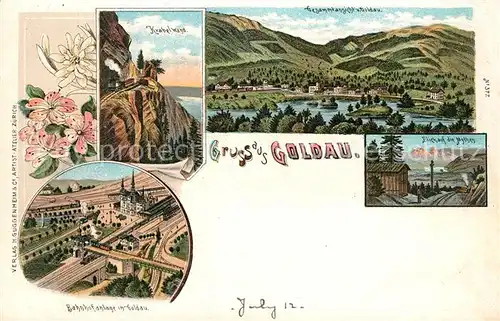 AK / Ansichtskarte Goldau_SZ Krabelwand Gesamtansicht Bahnhofanlage Blick auf die Mythen Goldau_SZ