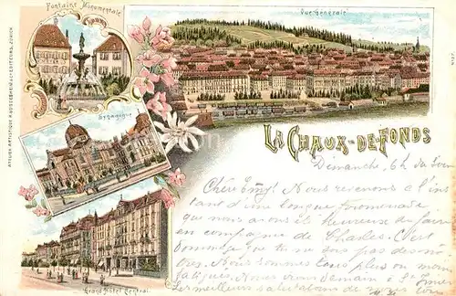 AK / Ansichtskarte La_Chaux de Fonds Fontaine Monumentale Synagogue Grand Hotel Central Vue generale La_Chaux de Fonds
