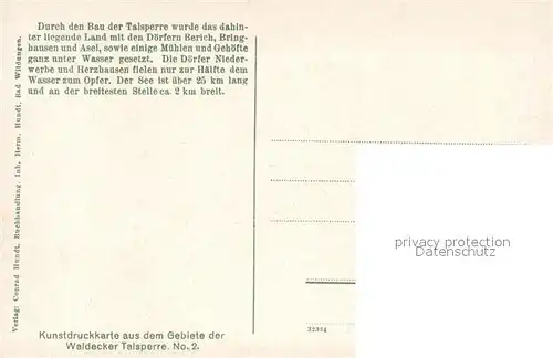 AK / Ansichtskarte Waldeck_Edersee Gebiet der Waldecker Talsperre Edertalsperre aus der Vogelschau Kunstdruck No. 2 Waldeck Edersee