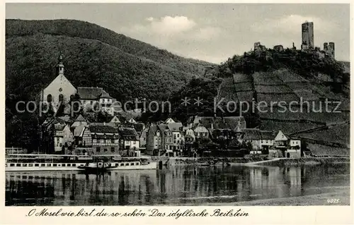 AK / Ansichtskarte Beilstein_Mosel Partie am Fluss Blick zur Burgruine Beilstein_Mosel