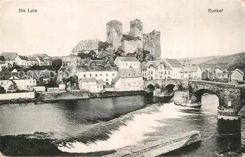 AK / Ansichtskarte Runkel_Lahn Lahnbruecke Stadtbild mit Burgruine Runkel_Lahn