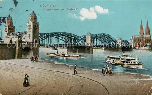 AK / Ansichtskarte Koeln_Rhein Hohenzollernbruecke Dombruecke Blick zum Dom Dampfer Koeln_Rhein