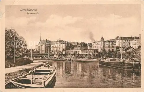 AK / Ansichtskarte Saarbruecken Partie an der Saar Frachtkahn Binnenschifffahrt Saarbruecken