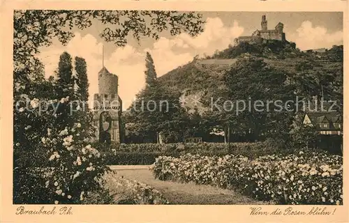 AK / Ansichtskarte Braubach_Rhein Rosengarten Kriegerdenkmal Marksburg Braubach Rhein