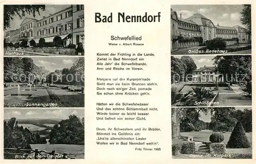 AK / Ansichtskarte Bad_Nenndorf Schwefellied Kurhaus Sonnengarten Badehaus Schloesschen Kurpark Landschaftspanorama Deister Bad_Nenndorf