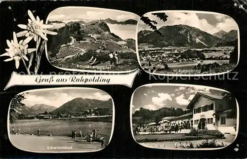AK / Ansichtskarte Ruhpolding Gesamtansicht mit Alpenpanorama Rauschberggipfel Schwimmbad Kurhaus Ruhpolding