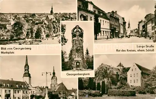 AK / Ansichtskarte Spremberg_Niederlausitz Marktplatz Georgenbergturm Lange Strasse Rat des Kreises Schloss Spremberg_Niederlausitz