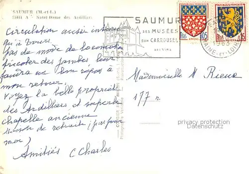 AK / Ansichtskarte Saumur Fliegeraufnahme Notre Dame des Ardilliers Saumur