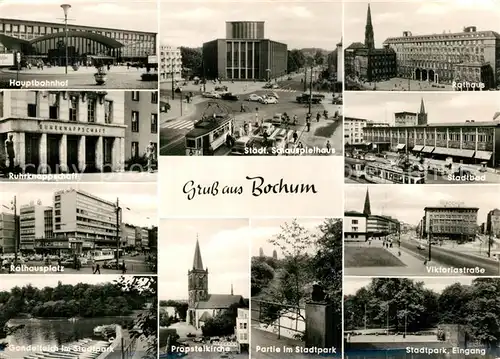 AK / Ansichtskarte Bochum Hauptbahnhof Ruhrknappschaft Rathaus Platz Gondelteich Stadtpark Schauspielhaus Kirche Stadtbad Bochum