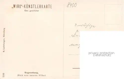 AK / Ansichtskarte Verlag_WIRO_Wiedemann_Nr. 2152 Regensburg Blick vom unteren W?hrd  