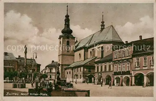 AK / Ansichtskarte Zwittau_Tschechien Adolf Hitler Platz Brunnen Kirche Zwittau Tschechien