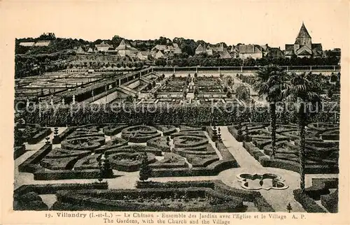 AK / Ansichtskarte Villandry Chateau Ensemble des Jardins avec Eglise Village Villandry