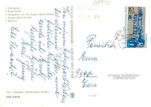 AK / Ansichtskarte Werdau_Sachsen Marktplatz Busbahnhof Wegweiser August Bebel Strasse Rathaus Werdau Sachsen