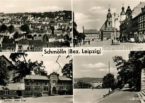 AK / Ansichtskarte Schmoelln_Thueringen Teilansicht Markt Sportplatz Sportheim Walter Kluge Schmoelln Thueringen