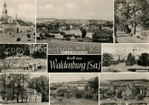 AK / Ansichtskarte Waldenburg_Sachsen Panorama Blick vom Collenberger Berg Rathaus Eichenallee Tbc Heilstaette Freilichtbuehne Gruenfelder Park Gasthof Schule Waldenburg Sachsen