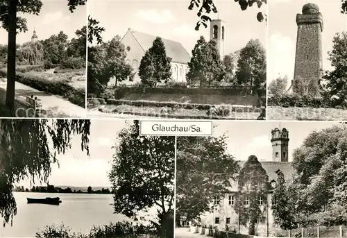 AK / Ansichtskarte Glauchau Teilansichten Kirche Trum Partie am Wasser Glauchau