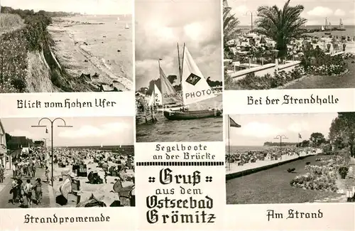 AK / Ansichtskarte Groemitz_Ostseebad Blick vom Hohen Ufr Segelboote Strandhalle Strandpromenade Strandpartie Groemitz_Ostseebad