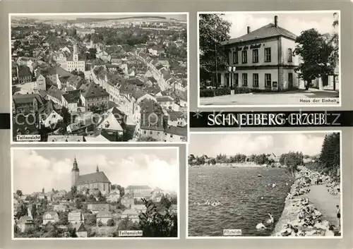 AK / Ansichtskarte Schneeberg_Erzgebirge Teilansicht mit Kirche Haus der Einheit Filzteich Schneeberg Erzgebirge