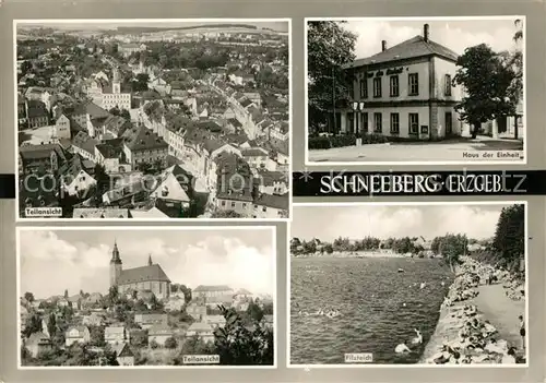 AK / Ansichtskarte Schneeberg_Erzgebirge Teilansicht mit Kirche Haus der Einheit Filzteich Schneeberg Erzgebirge
