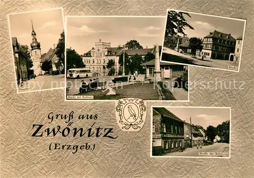 AK / Ansichtskarte Zwoenitz Neumarkt Kirche Rathaus Markt Strasse der Befreiung Wappen Zwoenitz