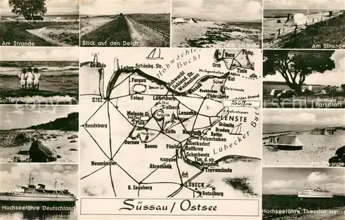 AK / Ansichtskarte Suessau_Holstein Strand Deich Parkplatz Hohes Ufer Hochseefaehren Deutschland und Theodor Heuss Suessau_Holstein