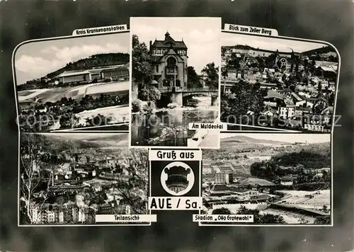 AK / Ansichtskarte Aue_Erzgebirge Panorama Krankenanstalten Muldental Blick zum Zeller Berg Stadion Otto Grotewohl Aue_Erzgebirge