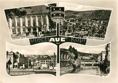 AK / Ansichtskarte Aue_Erzgebirge Kulturhaus Ernst Thaelmann Karl Marx Platz Postamt Muldenbruecken Blick nach dem Heidelberg Aue_Erzgebirge