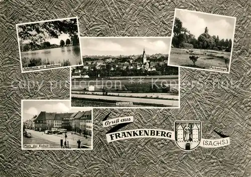 AK / Ansichtskarte Frankenberg_Sachsen Schilfteich mit Bootshaus Parkanlage Platz der Einheit Stadtpanorama Wappen Frankenberg Sachsen