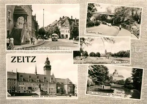AK / Ansichtskarte Zeitz Friedensplatz Wendischer Berg Bahnhof Rathaus VVN Denkmal Kulturpark Moritzburg Schwanenteich Zeitz