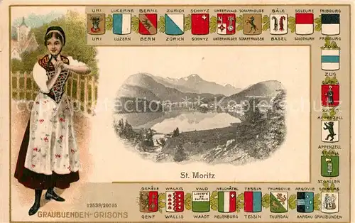 AK / Ansichtskarte Graubuenden_Kanton Grisons Wappen Frau mit Tracht Graubuenden Kanton