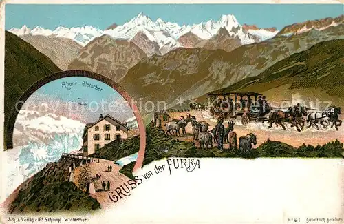 AK / Ansichtskarte Furka Rhone Gletscher Pferdekutsche Furka