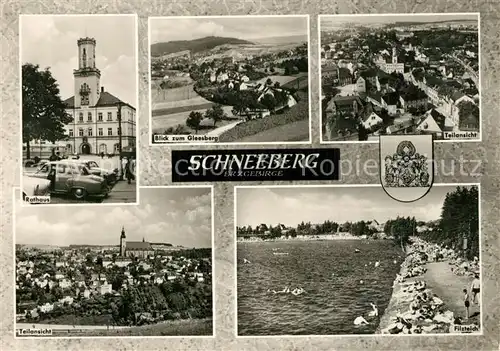 AK / Ansichtskarte Schneeberg_Erzgebirge Rathaus Filzteich Panorama Blick zum Gleesberg Schneeberg Erzgebirge