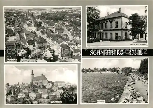 AK / Ansichtskarte Schneeberg_Erzgebirge Teilansicht mit Kirche Haus der Einheit Filzteich Schneeberg Erzgebirge