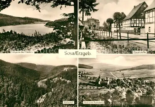 AK / Ansichtskarte Sosa_Erzgebirge Talsperre des Friedens Hauptstrasse Panorama Hoellental Blick zum Auersberg Sosa Erzgebirge
