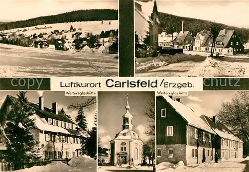 AK / Ansichtskarte Carlsfeld_Erzgebirge Winterlandschaft Teilansichten Kirche Carlsfeld Erzgebirge
