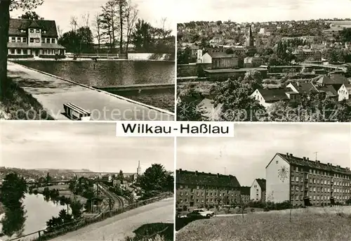 AK / Ansichtskarte Wilkau Hasslau Freibad Teilansichten mit Kirche Wohnsiedlung Wohnblocks Eisenbahn Wilkau Hasslau