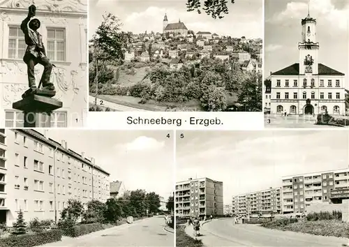 AK / Ansichtskarte Schneeberg_Erzgebirge Plastik Bergmannsbrunnen Rathaus Friedensring Siedlung des Friedens Neubaugebiet am Keilberg Schneeberg Erzgebirge