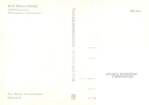 AK / Ansichtskarte Klink_Waren FDGB Ferienobjekt Erholungsheim Schloss Klink Mueritz Mecklenburgische Seenplatte Klink Waren