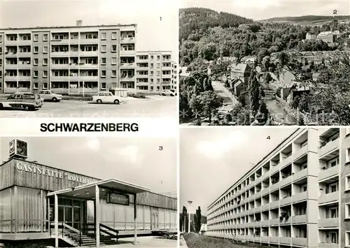AK / Ansichtskarte Schwarzenberg_Erzgebirge Wohngebiet Wilhelm Pieck Gaststaette Roter Loewe Plattenbauten Schwarzenberg Erzgebirge