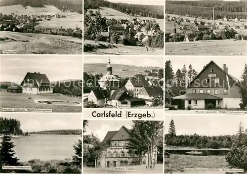 AK / Ansichtskarte Carlsfeld_Erzgebirge Teilansichten Glashuette FDGB Erholungsheim Talsperre Weiterswiese Gasthaus Kranichsee Hochmoor Naturschutzgebiet Carlsfeld Erzgebirge